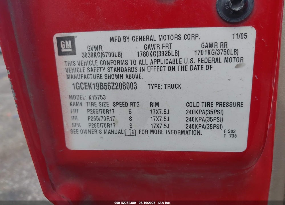 2006 CHEVROLET SILVERADO 1500 LT1 VIN: 1GCEK19B56Z208003