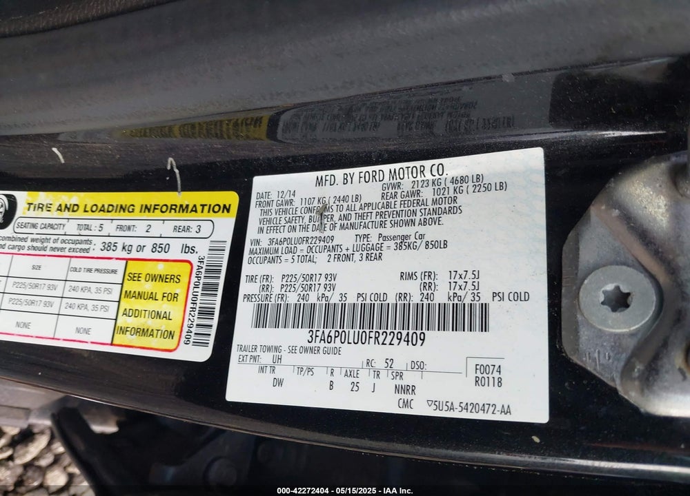 2015 FORD FUSION HYBRID SE VIN: 3FA6P0LU0FR229409