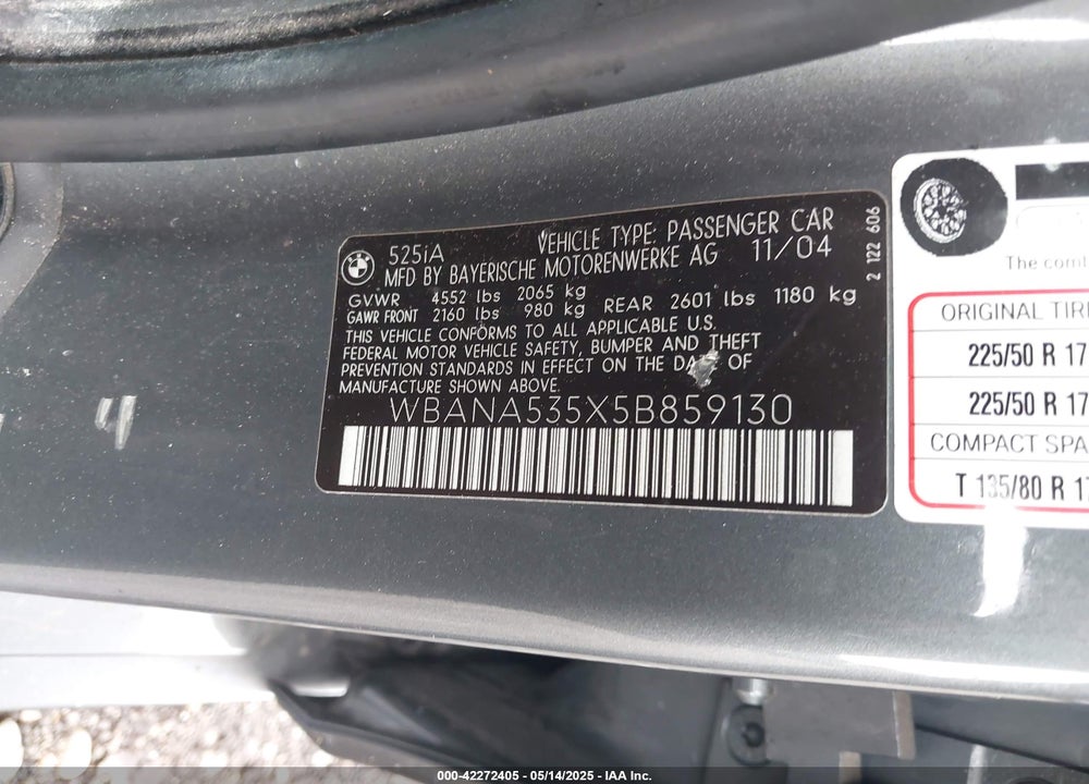 2005 BMW 525I VIN: WBANA535X5B859130