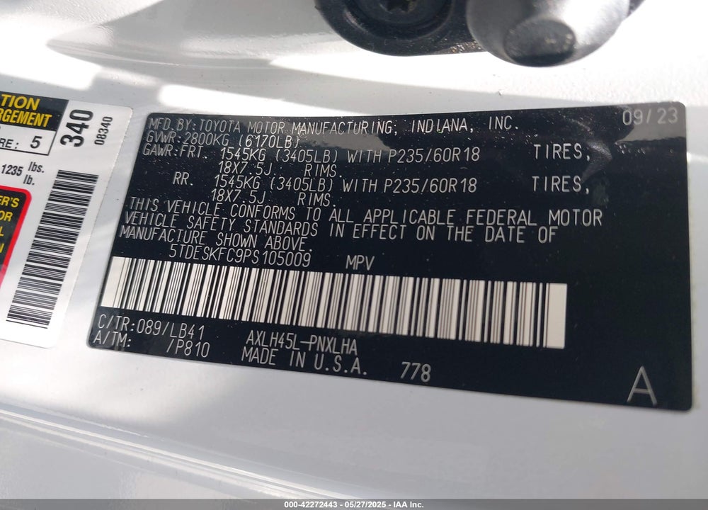 2023 TOYOTA SIENNA VIN: 5TDESKFC9PS105009