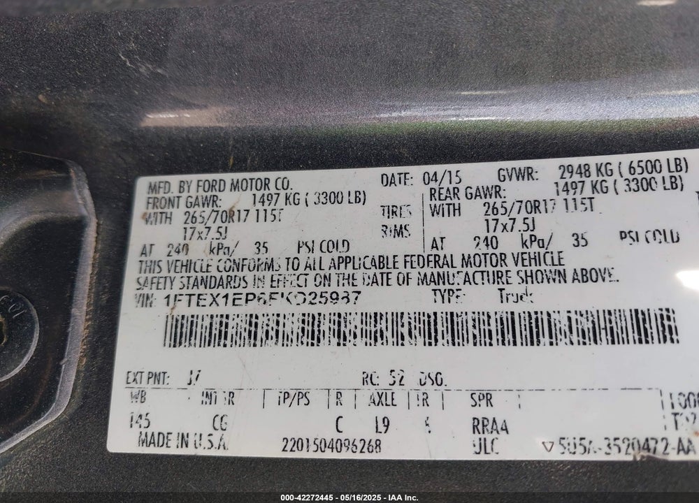 2015 FORD F-150 XL VIN: 1FTEX1EP6FKD25987