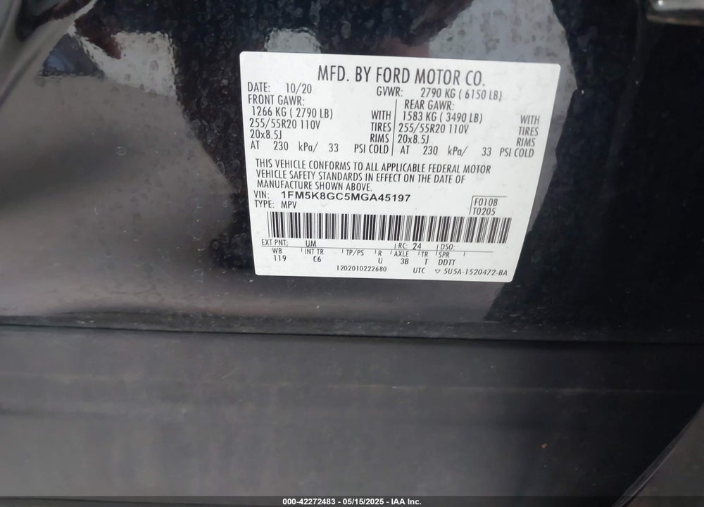 2021 FORD EXPLORER VIN: 1FM5K8GC5MGA45197