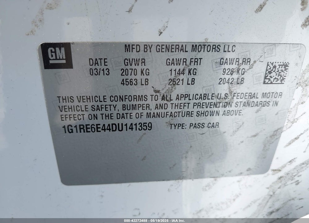 2013 CHEVROLET VOLT VIN: 1G1RE6E44DU141359
