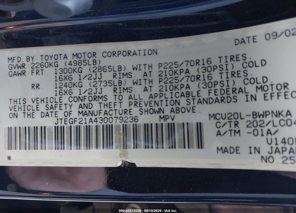 2003 TOYOTA HIGHLANDER LIMITED V6 VIN: JTEGF21A430079236