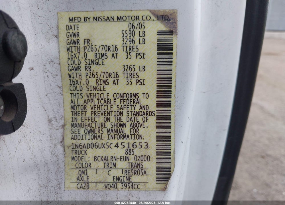 2005 NISSAN FRONTIER VIN: 1N6AD06UX5C451653