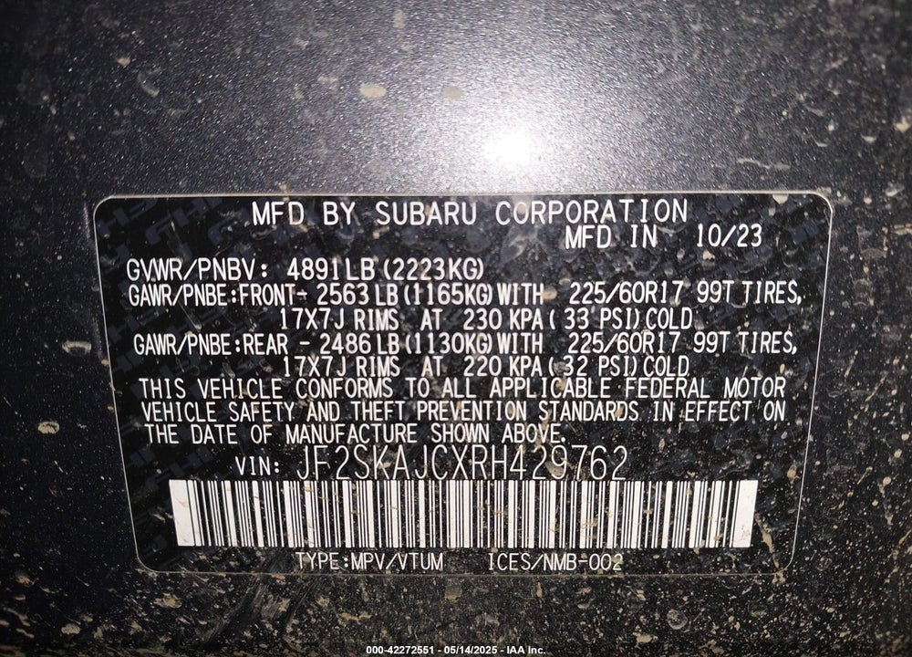 2024 SUBARU FORESTER WILDERNESS VIN: JF2SKAJCXRH429762