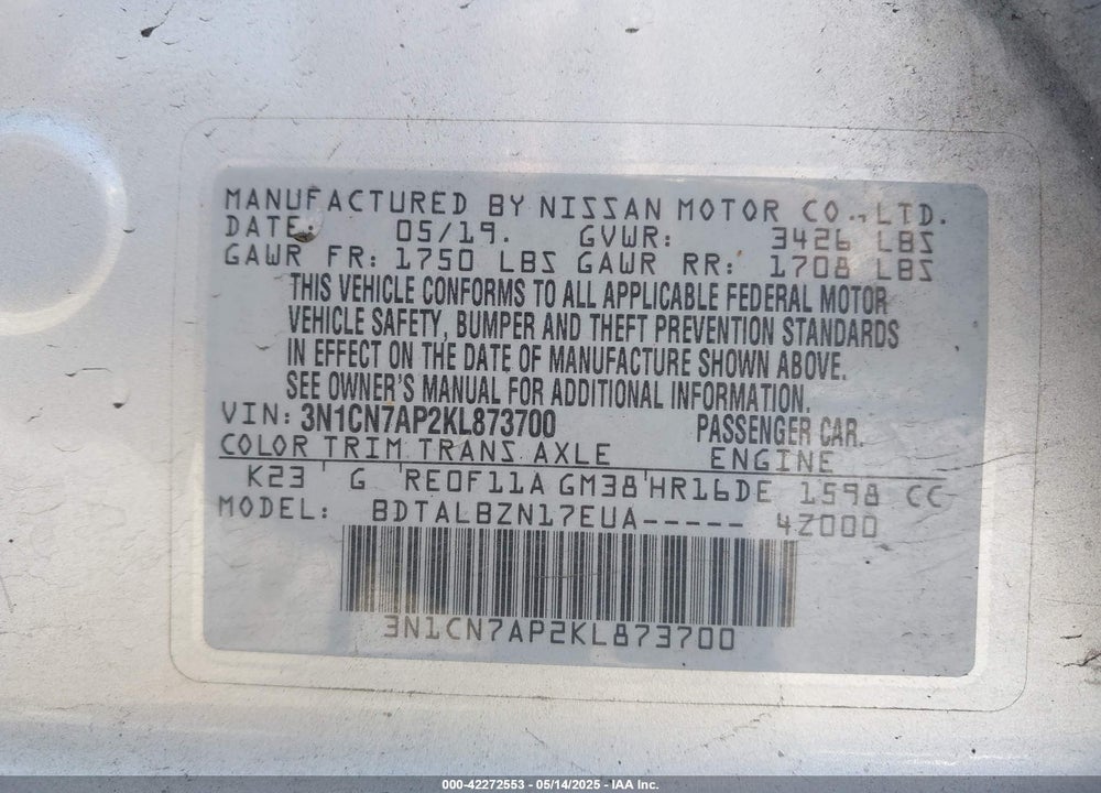 2019 NISSAN VERSA 1.6 SV VIN: 3N1CN7AP2KL873700