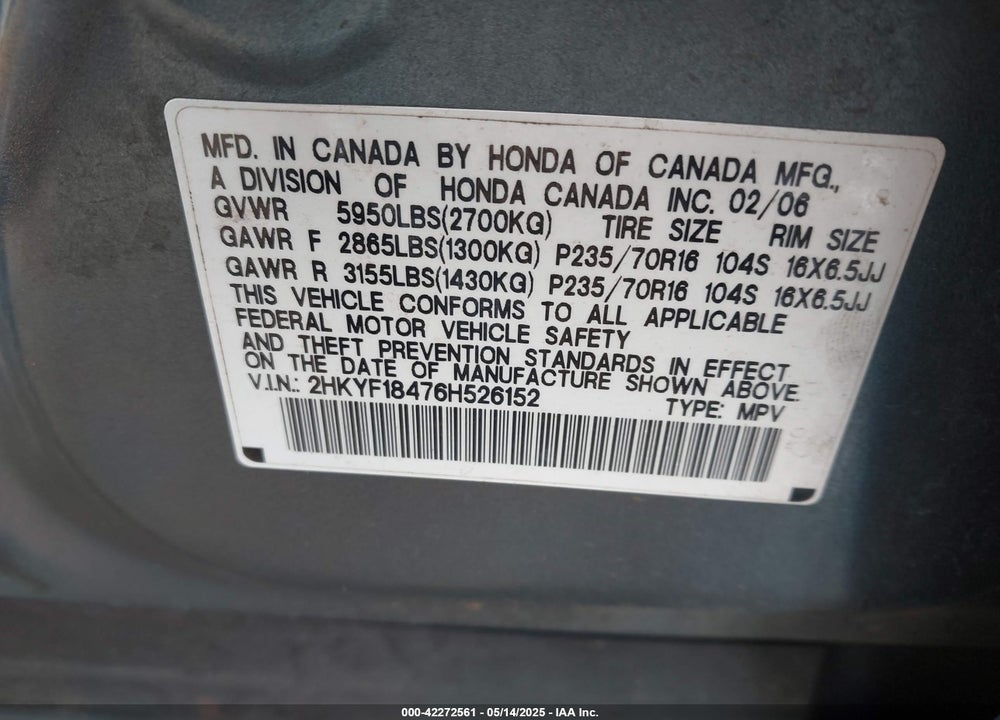 2006 HONDA PILOT VIN: 2HKYF18476H526152