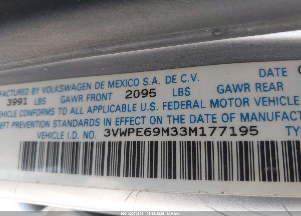 2003 VOLKSWAGEN JETTA WOLFSBURG EDITION VIN: 3VWPE69M33M177195