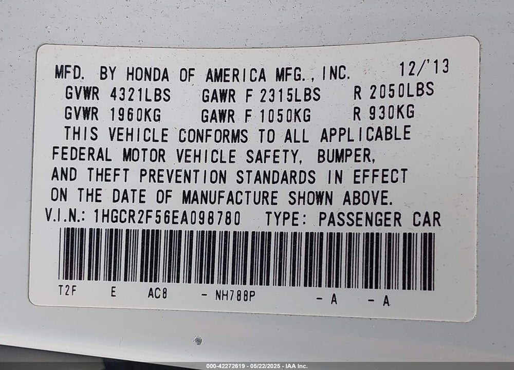 2014 HONDA ACCORD SPORT VIN: 1HGCR2F56EA098780