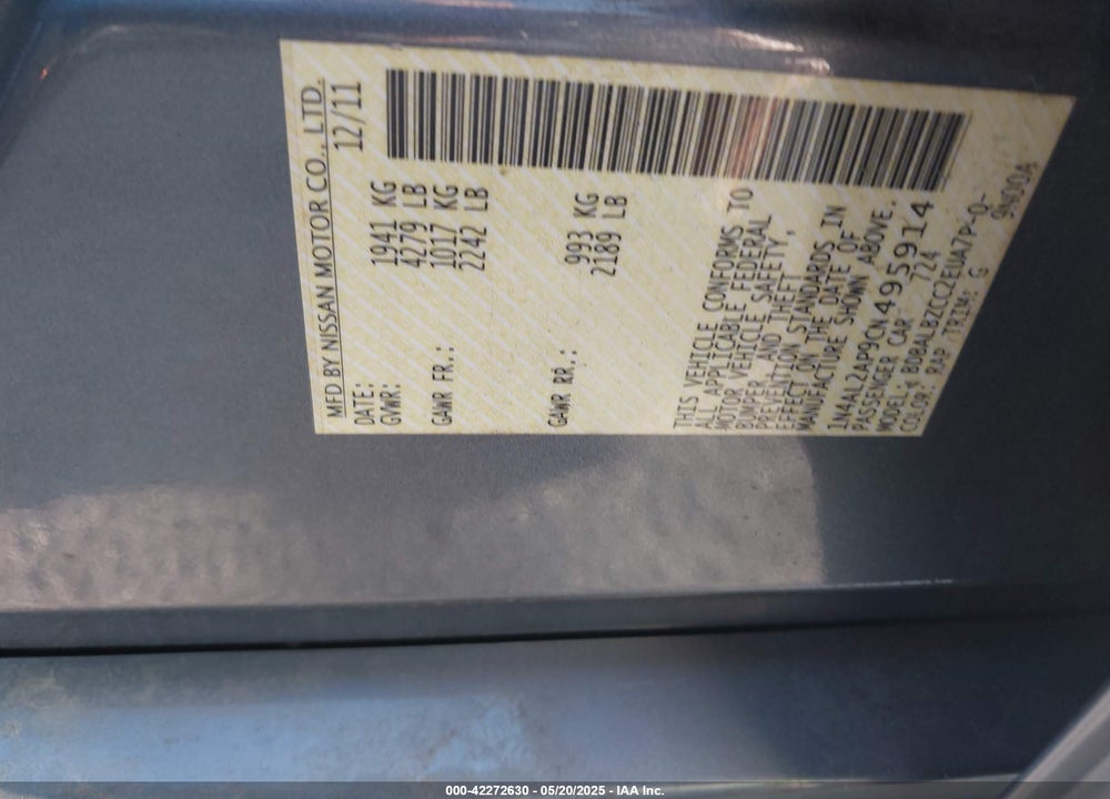 2012 NISSAN ALTIMA VIN: 1N4AL2AP9CN495914