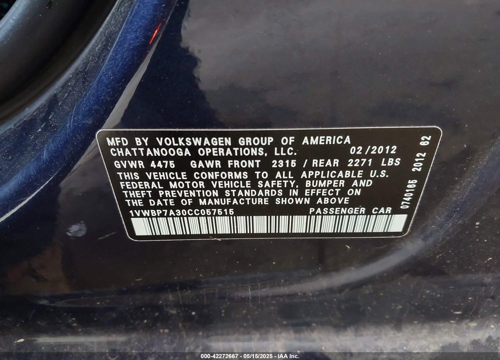 2012 VOLKSWAGEN PASSAT VIN: 1VWBP7A30CC057515