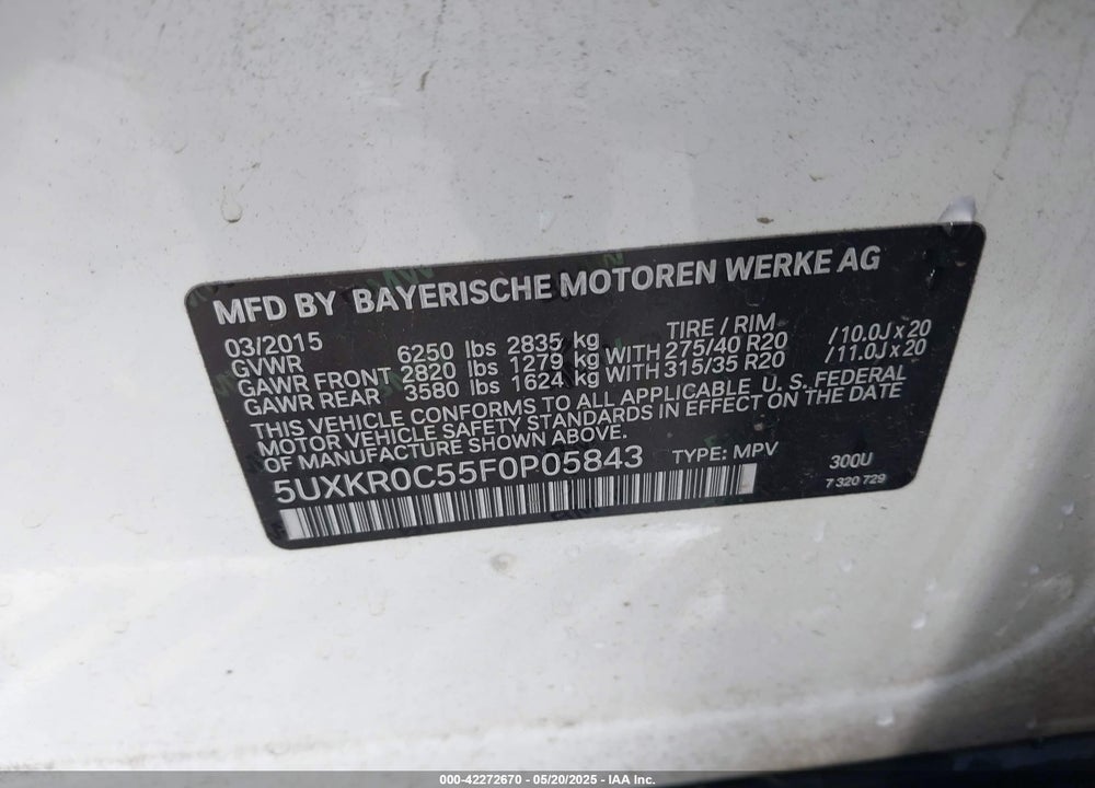 2015 BMW X5 VIN: 5UXKR0C55F0P05843
