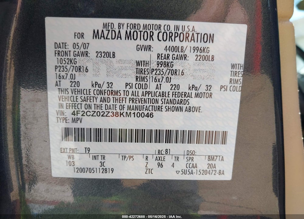 2008 MAZDA TRIBUTE VIN: 4F2CZ02Z38KM10046