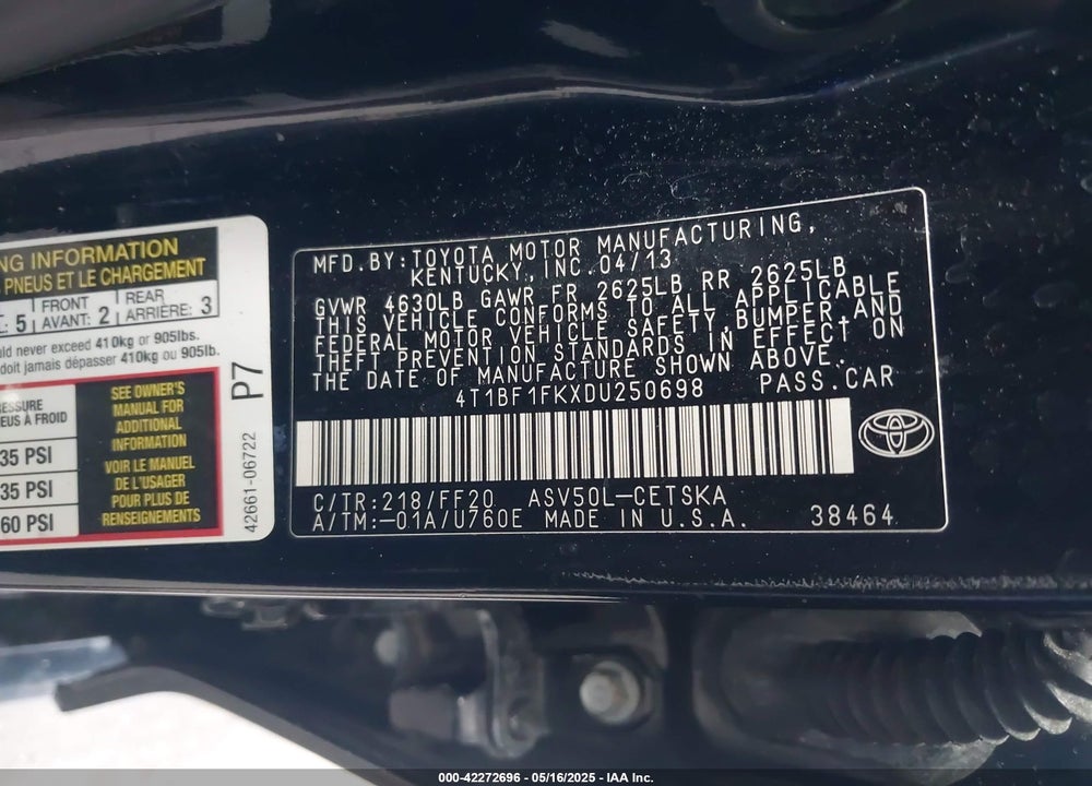 2013 TOYOTA CAMRY SE VIN: 4T1BF1FKXDU250698