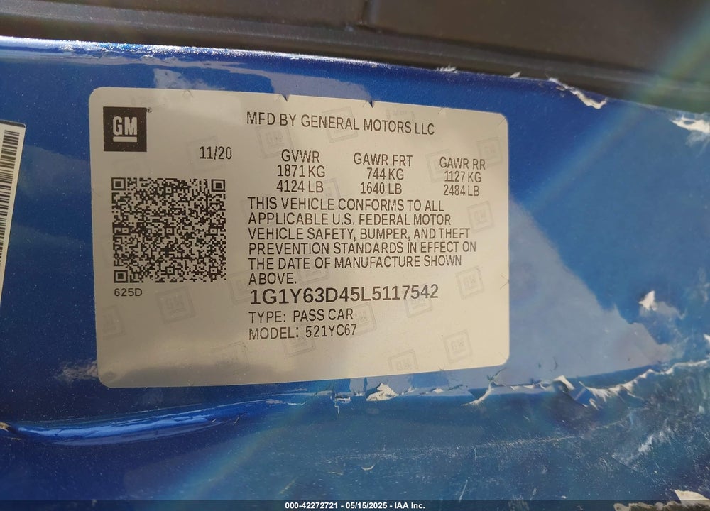 2020 CHEVROLET CORVETTE STINGRAY RWD 1LT VIN: 1G1Y63D45L5117542