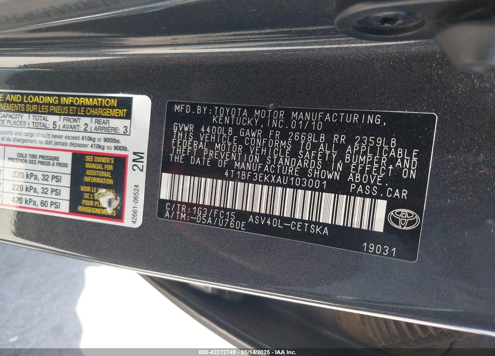 2010 TOYOTA CAMRY SE VIN: 4T1BF3EKXAU103001