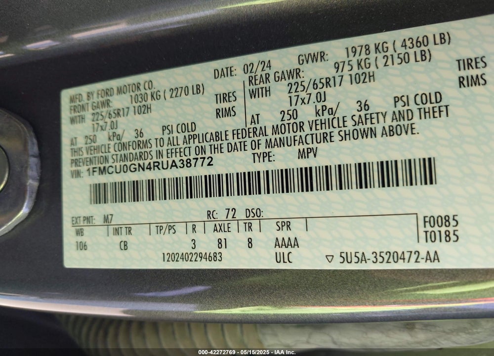 2024 FORD ESCAPE VIN: 1FMCU0GN4RUA38772