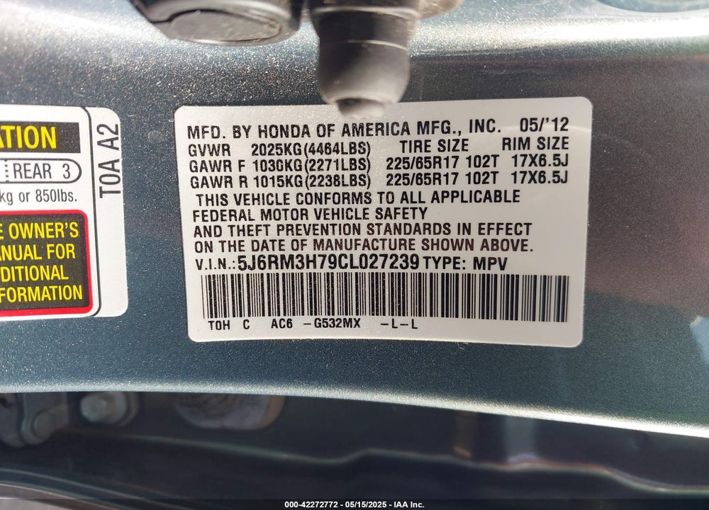 2012 HONDA CR-V VIN: 5J6RM3H79CL027239