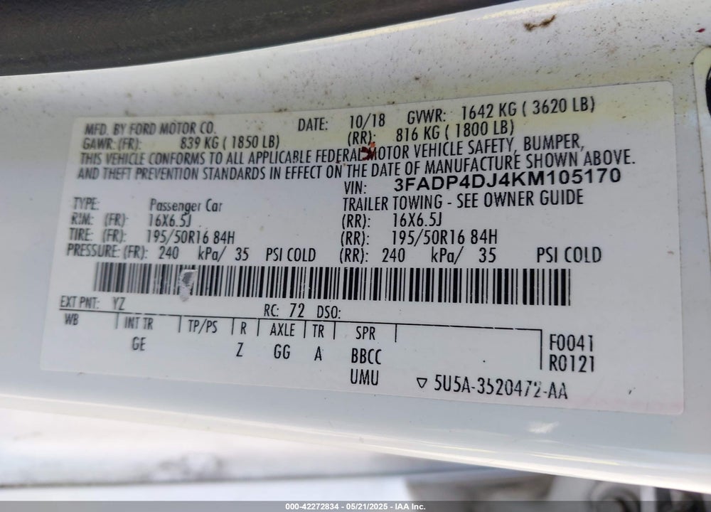 2019 FORD FIESTA VIN: 3FADP4DJ4KM105170