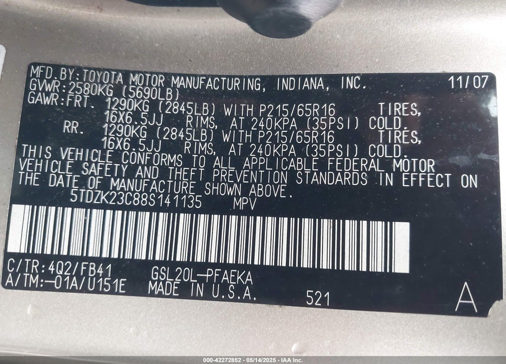 2008 TOYOTA SIENNA VIN: 5TDZK23C88S141135