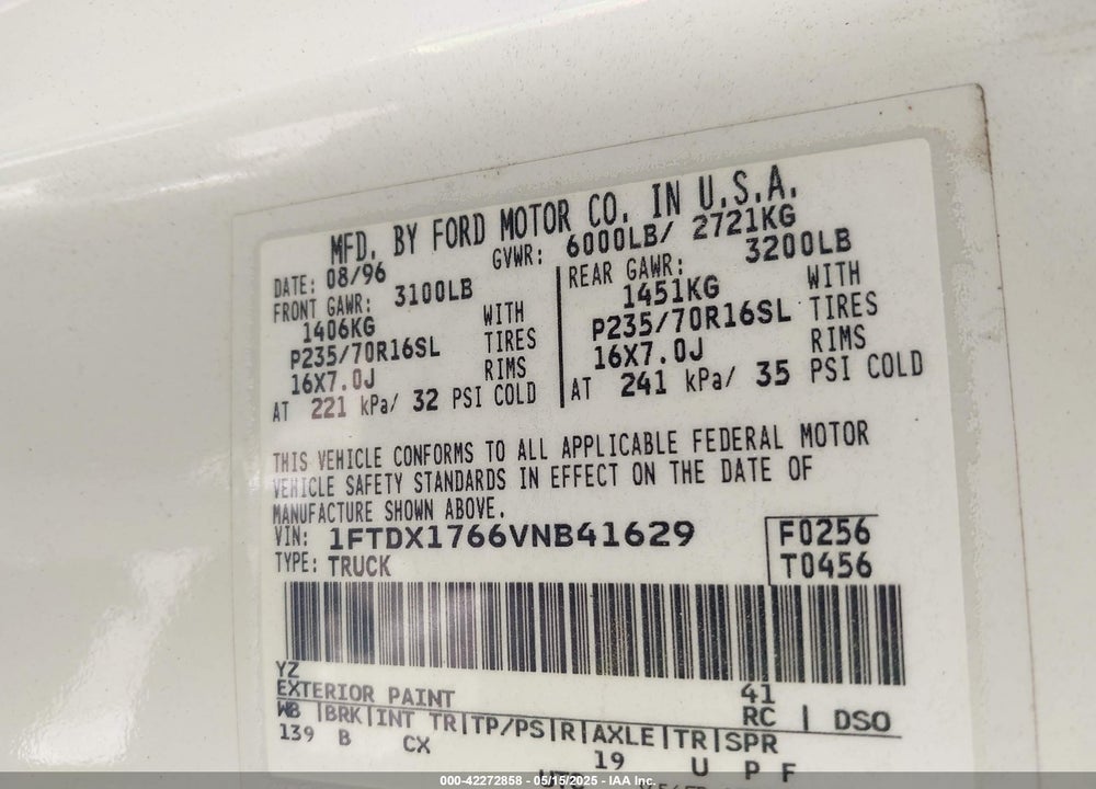 1997 FORD F-150 LARIAT/STANDARD/XL/XLT VIN: 1FTDX1766VNB41629