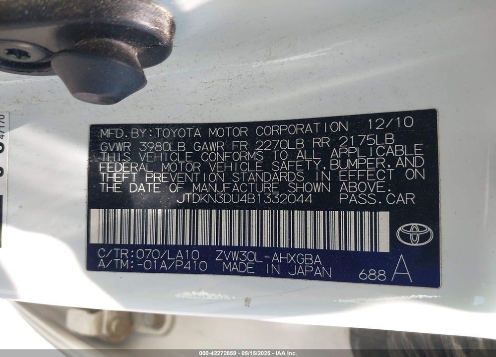 2011 TOYOTA PRIUS FOUR VIN: JTDKN3DU4B1332044