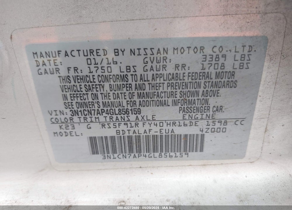 2016 NISSAN VERSA VIN: 3N1CN7AP4GL856159