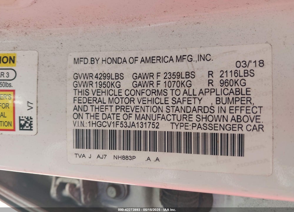 2018 HONDA ACCORD VIN: 1HGCV1F53JA131752