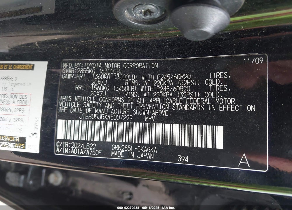 2010 TOYOTA 4RUNNER LIMITED V6 VIN: JTEBU5JRXA5007299