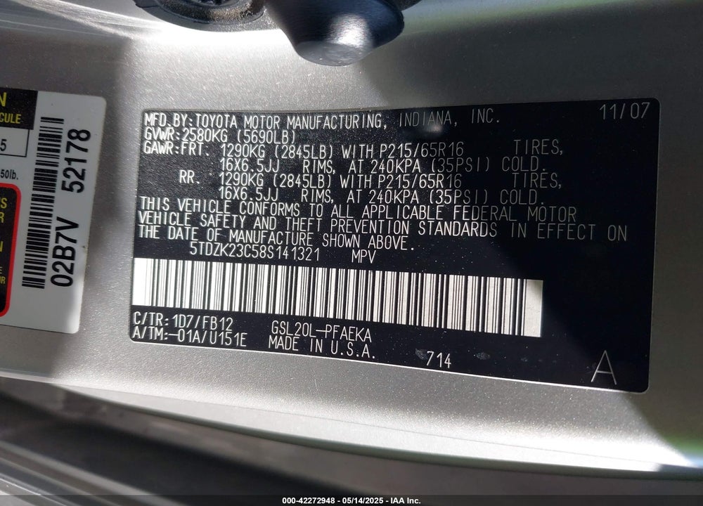 2008 TOYOTA SIENNA CE VIN: 5TDZK23C58S141321