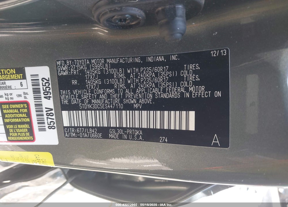 2014 TOYOTA SIENNA XLE V6 8 PASSENGER VIN: 5TDYK3DC5ES447110