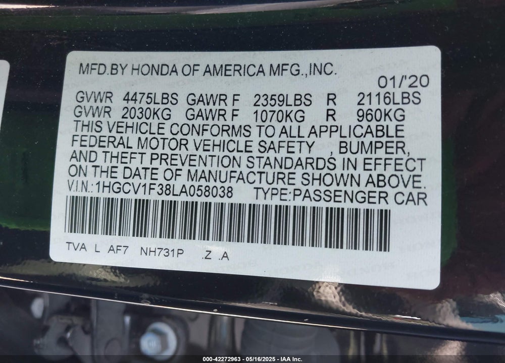 2020 HONDA ACCORD SPORT VIN: 1HGCV1F38LA058038