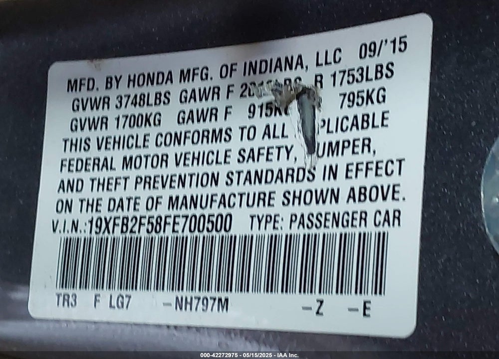 2015 HONDA CIVIC LX VIN: 19XFB2F58FE700500