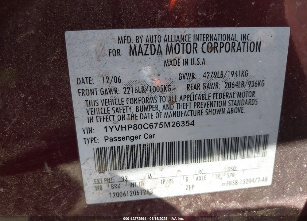 2007 MAZDA 6 I SPORT VE VIN: 1YVHP80C675M26354