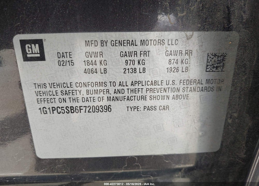 2015 CHEVROLET CRUZE VIN: 1G1PC5SB6F7209396