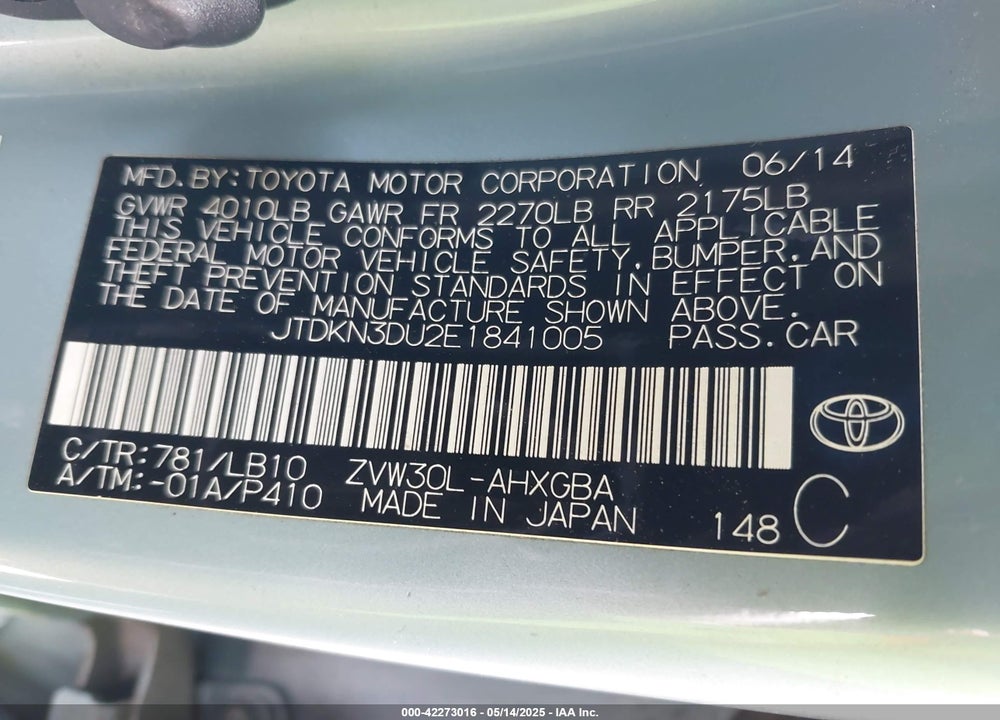 2014 TOYOTA PRIUS FOUR VIN: JTDKN3DU2E1841005