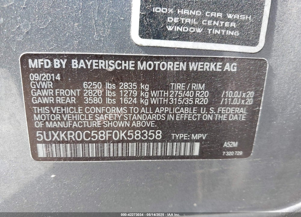 2015 BMW X5 XDRIVE35I VIN: 5UXKR0C58F0K58358