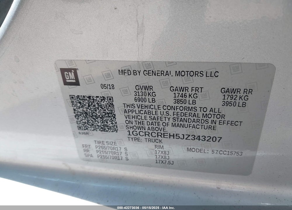 2018 CHEVROLET SILVERADO 1500 VIN: 1GCRCREH5JZ343207