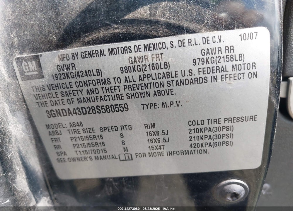 2008 CHEVROLET HHR VIN: 3GNDA43D28S580559