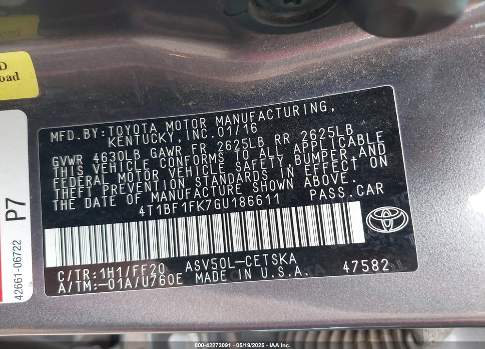 2016 TOYOTA CAMRY SE VIN: 4T1BF1FK7GU186611