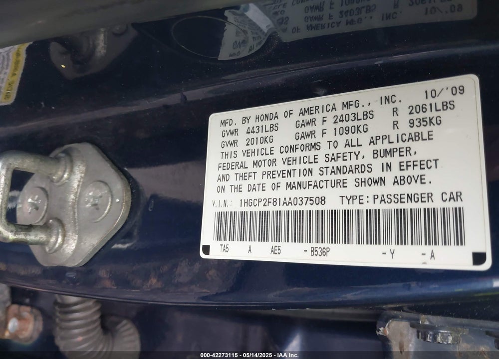 2010 HONDA ACCORD 2.4 EX-L VIN: 1HGCP2F81AA037508