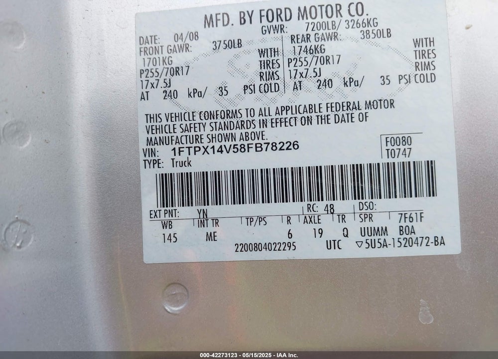 2008 FORD F-150 FX4/LARIAT/XL/XLT VIN: 1FTPX14V58FB78226