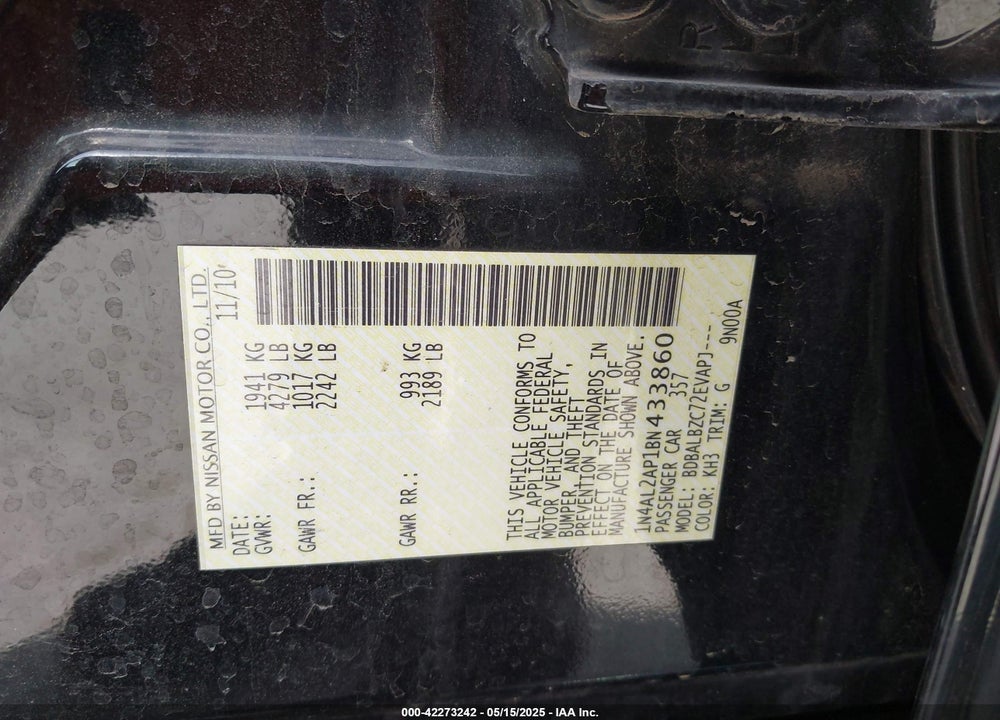 2011 NISSAN ALTIMA VIN: 1N4AL2AP1BN433860