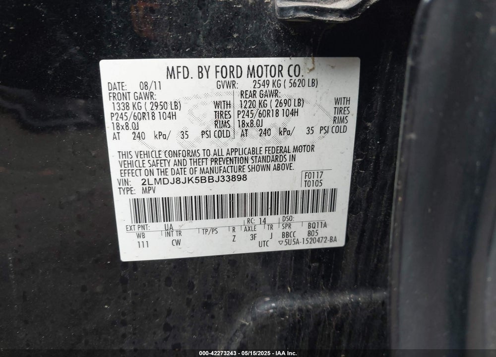 2011 LINCOLN MKX VIN: 2LMDJ8JK5BBJ33898