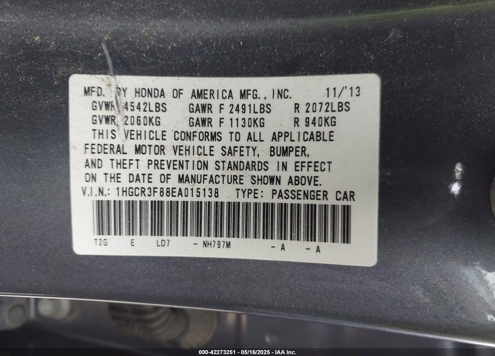 2014 HONDA ACCORD VIN: 1HGCR3F88EA015138
