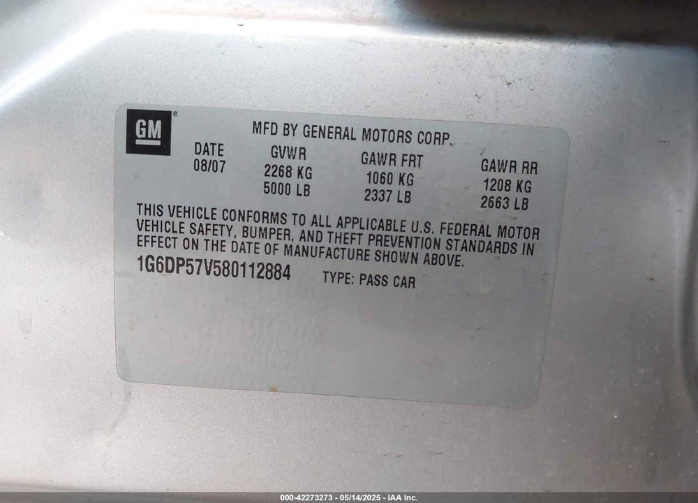 2008 CADILLAC CTS VIN: 1G6DP57V580112884