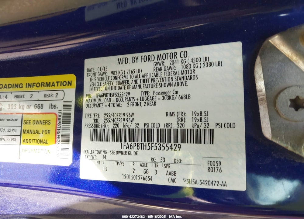 2015 FORD MUSTANG ECOBOOST VIN: 1FA6P8TH5F5355429