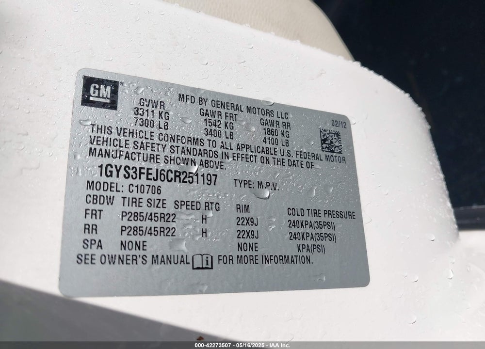 2012 CADILLAC ESCALADE HYBRID PLATINUM VIN: 1GYS3FEJ6CR251197