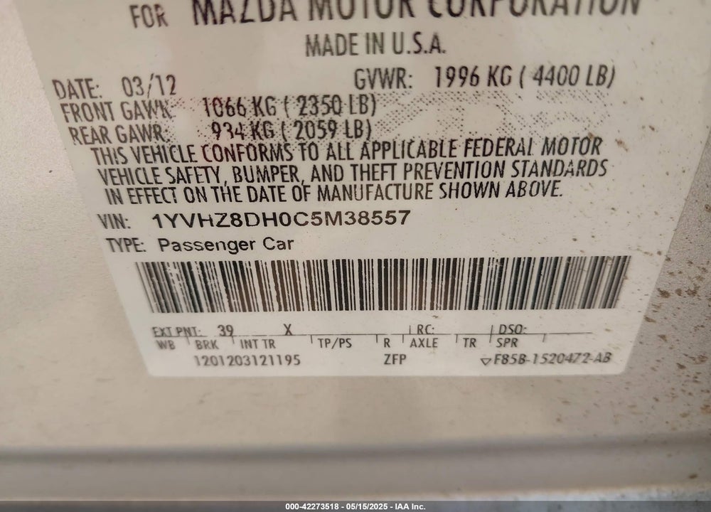 2012 MAZDA 6 I TOURING VIN: 1YVHZ8DH0C5M38557
